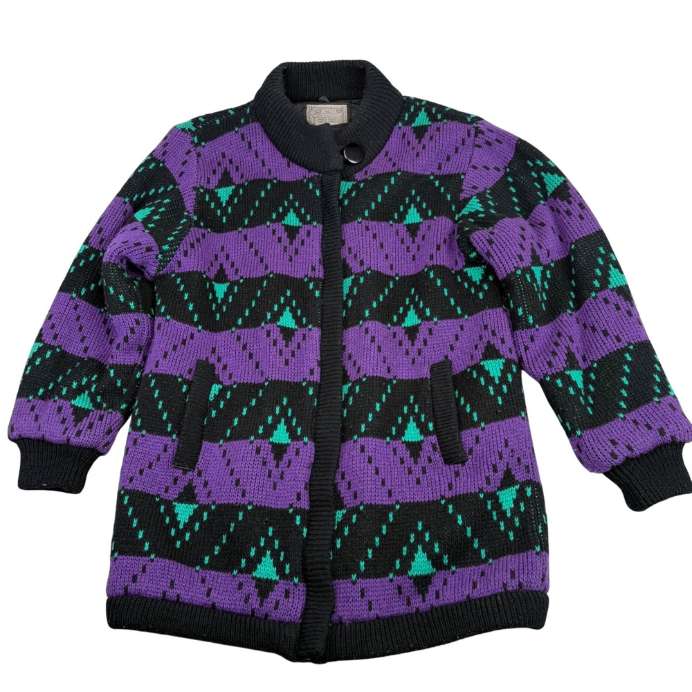 VTG Karizma Quilted Sweater Jacket Purple Black Teal Geometric Korea L, heavy